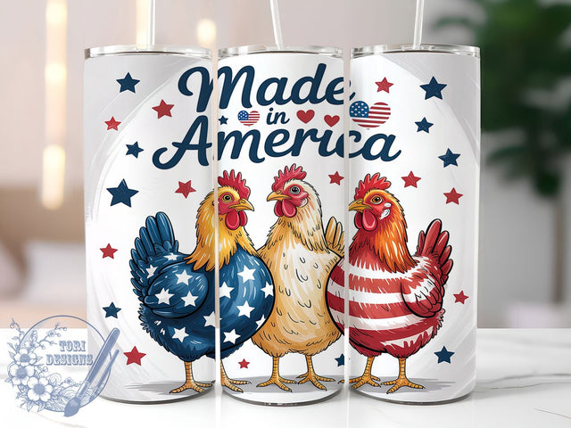 Patriotic Chicken USA Flag Farm Tumbler, USA Flag Chicken Wrap, Made In America PNG, 20oz Sublimation Wrap, Farm Animal Tumbler, Fourth Of July Cup, Red White Blue Chicken Design Sublimation ToriDesigns 