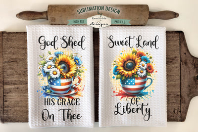 Patriotic Coffee Cups with Sunflowers - Sublimation Kitchen Towel Sublimation Ewe-N-Me Designs 