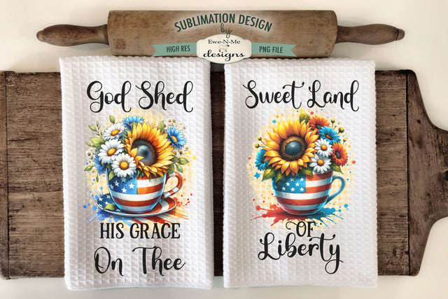 Patriotic Coffee Cups with Sunflowers - Sublimation Kitchen Towel Sublimation Ewe-N-Me Designs 