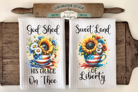 Patriotic Coffee Cups with Sunflowers - Sublimation Kitchen Towel Sublimation Ewe-N-Me Designs 
