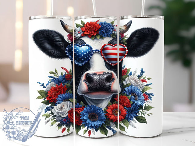 Patriotic Cow 4th of July 20oz Tumbler, Patriotic Cow Design, Independence Day Drinkware, 20oz Sublimation Wrap, USA Flag Mug, Farm Animal Decor, Red White and Blue Gift Sublimation ToriDesigns 