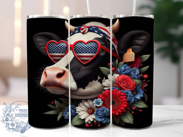 Patriotic Cow 4th of July 20oz Tumbler, Patriotic Cow Design, Independence Day Drinkware, 20oz Sublimation Wrap, USA Flag Mug, Farm Animal Decor, Red White and Blue Gift Sublimation ToriDesigns 