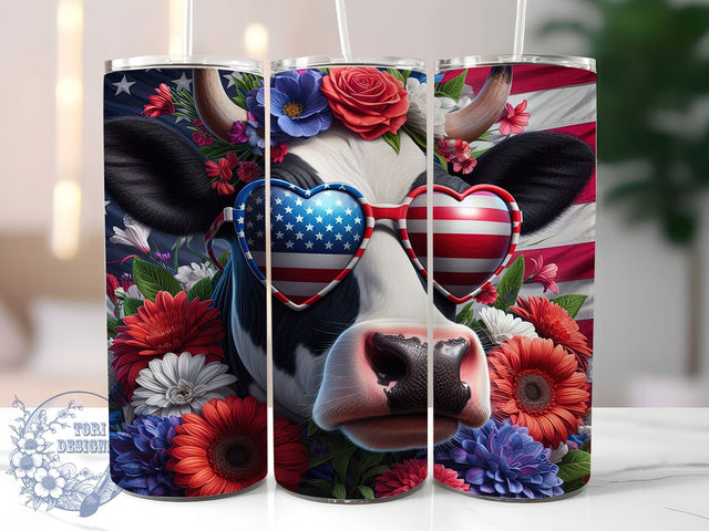 Patriotic Cow 4th of July 20oz Tumbler, Patriotic Cow Design, Independence Day Drinkware, 20oz Sublimation Wrap, USA Flag Mug, Farm Animal Decor, Red White and Blue Gift Sublimation ToriDesigns 
