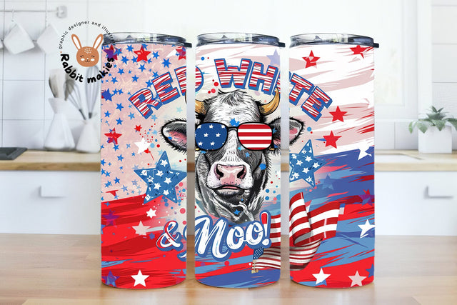 Patriotic Cow Tumbler - 4th of July USA Flag 20oz Skinny Cup, Red White Blue Design Sublimation Rabbitmakies 