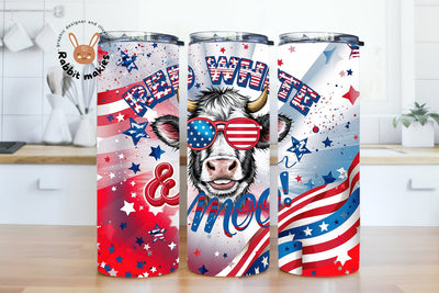 Patriotic Cow Tumbler - 4th of July USA Flag 20oz Skinny Cup, Red White Blue Design Sublimation Rabbitmakies 