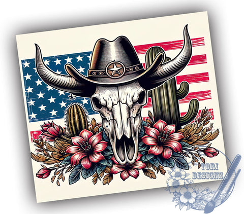 Patriotic Cowboy Skull 20oz Skinny Tumbler, 4th of July Tumbler Png, Straight & Tapered Tumbler Wrap, Instant Digital Download Sublimation ToriDesigns 