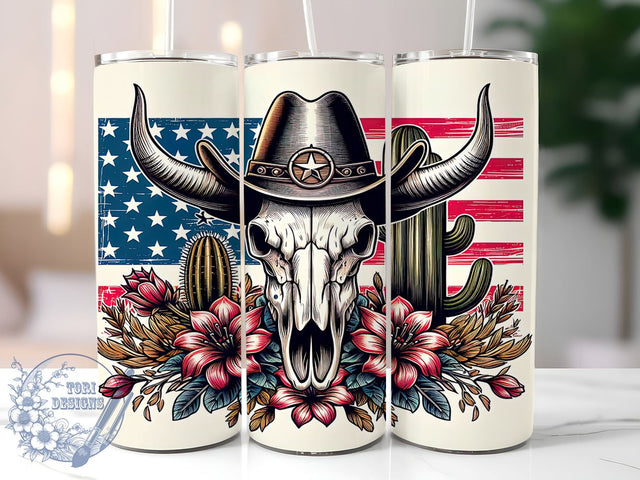 Patriotic Cowboy Skull 20oz Skinny Tumbler, 4th of July Tumbler Png, Straight & Tapered Tumbler Wrap, Instant Digital Download Sublimation ToriDesigns 