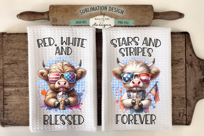 Patriotic Cows with Iced Coffee - Sublimation Kitchen Towel Design Sublimation Ewe-N-Me Designs 