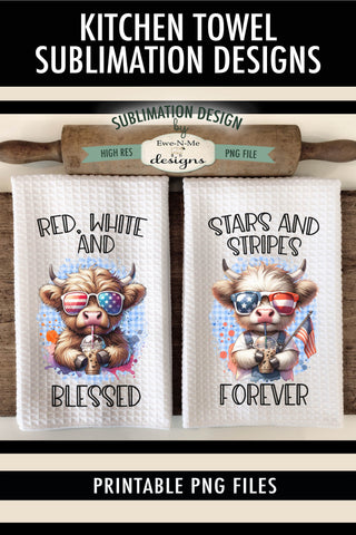 Patriotic Cows with Iced Coffee - Sublimation Kitchen Towel Design Sublimation Ewe-N-Me Designs 