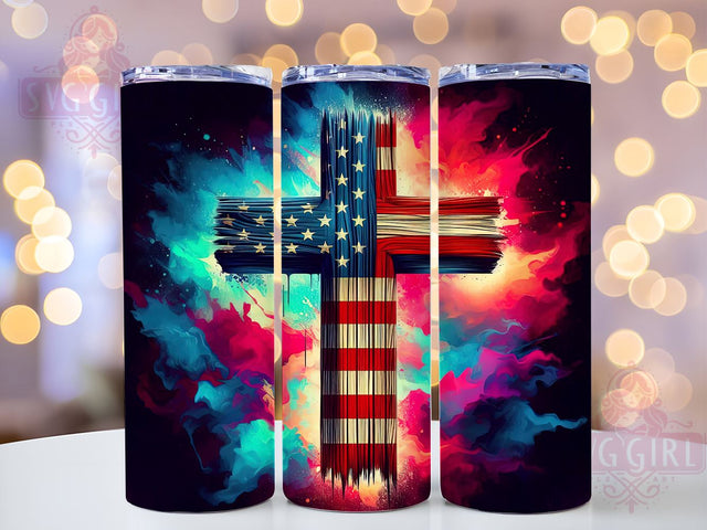 Patriotic Cross 20oz Tumbler Wrap Sublimation Design, Straight Tapered Tumbler Wrap, American Flag Tumbler Png, Instant Digital Download Sublimation SvggirlplusArt 
