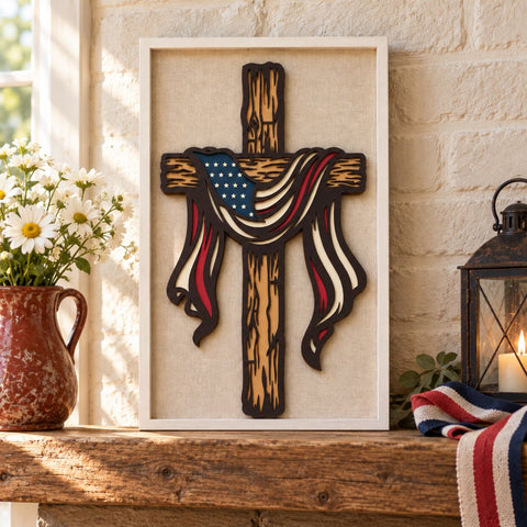 Patriotic Cross 3D SVG | American Flag Cross SVG | 6 Layer Christian Laser Cut File | USA Cross Dxf | Layered Faith Wall Art 3D Paper HappyDesignStudio 