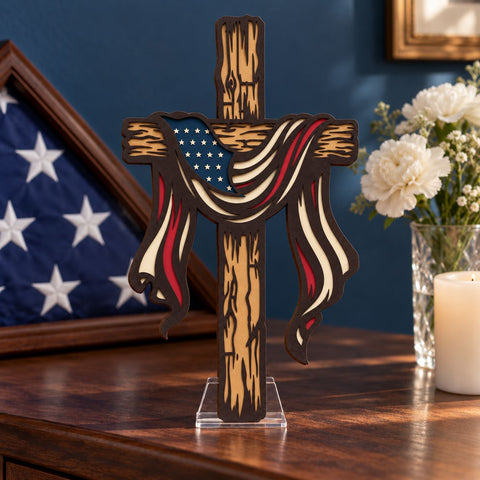 Patriotic Cross 3D SVG | American Flag Cross SVG | 6 Layer Christian Laser Cut File | USA Cross Dxf | Layered Faith Wall Art 3D Paper HappyDesignStudio 