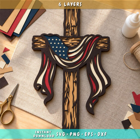 Patriotic Cross 3D SVG | American Flag Cross SVG | 6 Layer Christian Laser Cut File | USA Cross Dxf | Layered Faith Wall Art 3D Paper HappyDesignStudio 