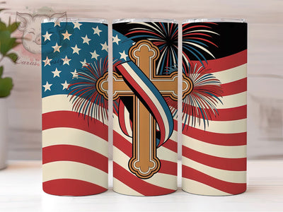 Patriotic Cross Design 20oz Tumbler, USA Flag Wrap, Sublimation Gift, Patriotic Mug, 20oz Tumbler Design, Cross Graphic, American Pride Theme Sublimation Lara' s Designs 