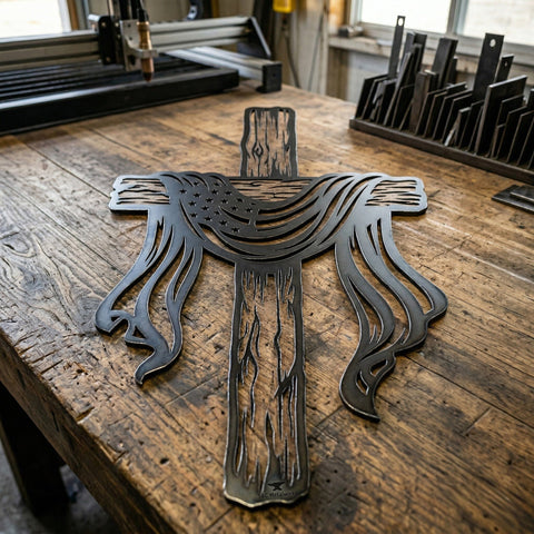 Patriotic Cross Metal Wall Art SVG | American Flag Cross DXF | Plasma Cut CNC File | Rustic Cross Design | Memorial Laser Cut Svg SVG HappyDesignStudio 