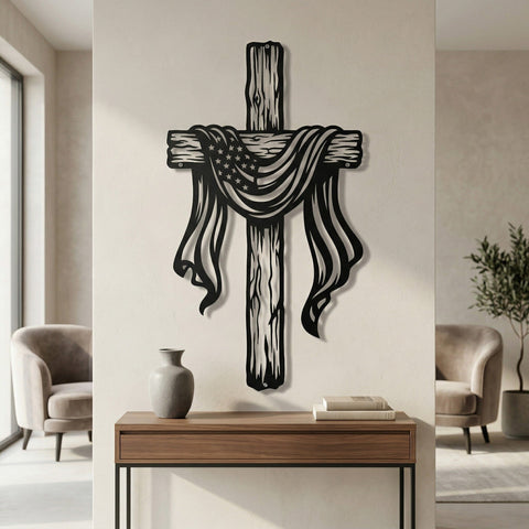 Patriotic Cross Metal Wall Art SVG | American Flag Cross DXF | Plasma Cut CNC File | Rustic Cross Design | Memorial Laser Cut Svg SVG HappyDesignStudio 