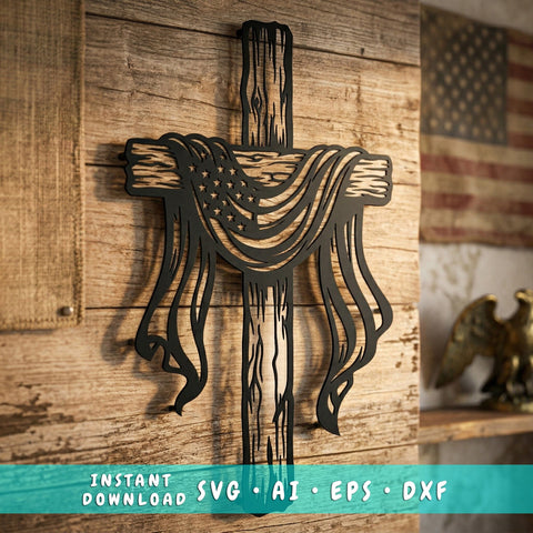 Patriotic Cross Metal Wall Art SVG | American Flag Cross DXF | Plasma Cut CNC File | Rustic Cross Design | Memorial Laser Cut Svg SVG HappyDesignStudio 