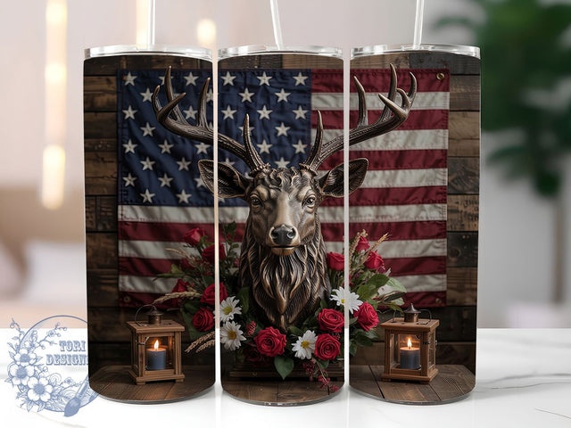 Patriotic Deer 20oz Tumbler Wrap, American Flag Wrap, 20oz Sublimation Wrap, USA Hunting Cup, Red White Blue Flowers, Rustic Wildlife Tumbler, Fourth of July Deer Design Sublimation ToriDesigns 