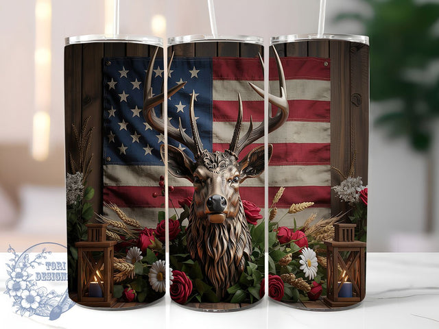 Patriotic Deer 20oz Tumbler Wrap, American Flag Wrap, 20oz Sublimation Wrap, USA Hunting Cup, Red White Blue Flowers, Rustic Wildlife Tumbler, Fourth of July Deer Design Sublimation ToriDesigns 