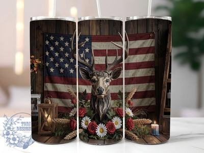 Patriotic Deer 20oz Tumbler Wrap, American Flag Wrap, 20oz Sublimation Wrap, USA Hunting Cup, Red White Blue Flowers, Rustic Wildlife Tumbler, Fourth of July Deer Design Sublimation ToriDesigns 