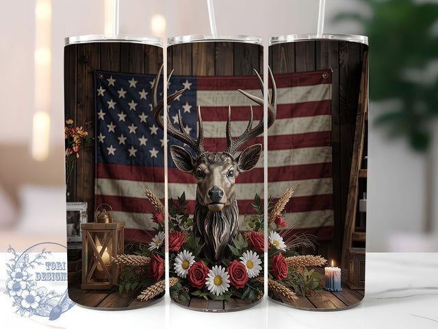 Patriotic Deer 20oz Tumbler Wrap, American Flag Wrap, 20oz Sublimation Wrap, USA Hunting Cup, Red White Blue Flowers, Rustic Wildlife Tumbler, Fourth of July Deer Design Sublimation ToriDesigns 