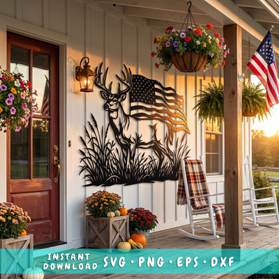 Patriotic Deer Laser SVG | Buck American Flag Metal Wall Art Dxf | USA Hunting CNC Plasma Cut File | Rustic Wildlife Svg | Cnc Metal Art SVG HappyDesignStudio 