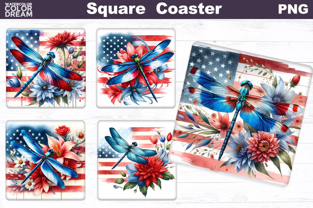 Patriotic Dragonfly Square Coaster Sublimation WatercolorColorDream 
