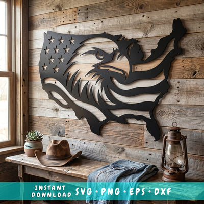 Patriotic Eagle USA Map Laser Svg | Eagle Metal Wall Art Dxf | USA Shape Plasma CNC Cut File | Laser Cut Svg Png Eps | Veteran Decor SVG HappyDesignStudio 