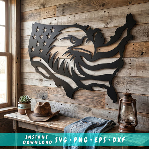 Patriotic Eagle USA Map Laser Svg | Eagle Metal Wall Art Dxf | USA Shape Plasma CNC Cut File | Laser Cut Svg Png Eps | Veteran Decor SVG HappyDesignStudio 