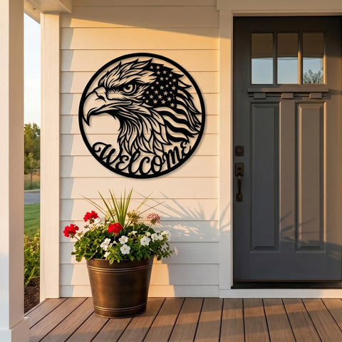 Patriotic Eagle Welcome Sign Laser SVG | American Flag Eagle Wall Art DXF | Plasma CNC Laser Cut File | Rustic Front Porch Welcome Decor SVG HappyDesignStudio 