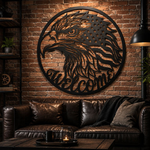 Patriotic Eagle Welcome Sign Laser SVG | American Flag Eagle Wall Art DXF | Plasma CNC Laser Cut File | Rustic Front Porch Welcome Decor SVG HappyDesignStudio 