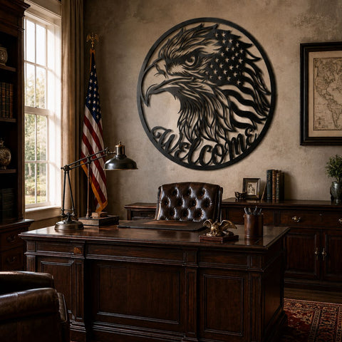 Patriotic Eagle Welcome Sign Laser SVG | American Flag Eagle Wall Art DXF | Plasma CNC Laser Cut File | Rustic Front Porch Welcome Decor SVG HappyDesignStudio 