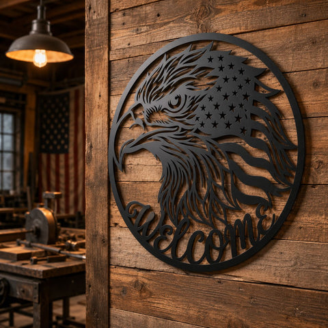 Patriotic Eagle Welcome Sign Laser SVG | American Flag Eagle Wall Art DXF | Plasma CNC Laser Cut File | Rustic Front Porch Welcome Decor SVG HappyDesignStudio 