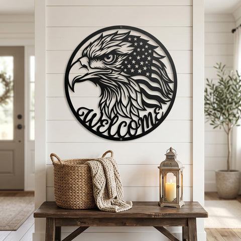 Patriotic Eagle Welcome Sign Laser SVG | American Flag Eagle Wall Art DXF | Plasma CNC Laser Cut File | Rustic Front Porch Welcome Decor SVG HappyDesignStudio 