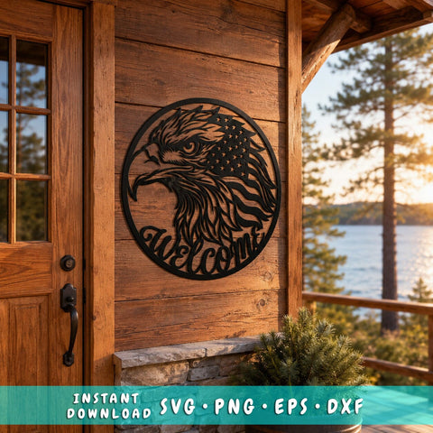 Patriotic Eagle Welcome Sign Laser SVG | American Flag Eagle Wall Art DXF | Plasma CNC Laser Cut File | Rustic Front Porch Welcome Decor SVG HappyDesignStudio 