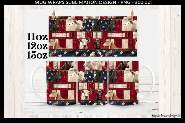 Patriotic Farm Animal Mug Wraps 11 12 and 15oz, Red White Blue Cow Print, Sublimation Png, Digital Download Sublimation Keepsake Treasures Designs LLC. 
