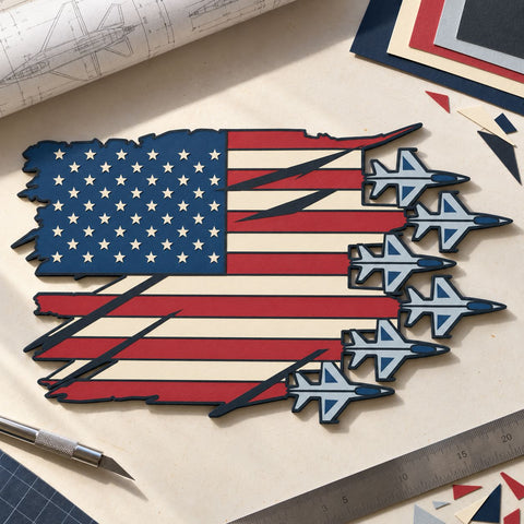 Patriotic Fighter Jets 3D SVG | American Flag Laser Cut File | 6 Layer Military Aircraft SVG | USA Air Force Dxf | Aviation Wall Art 3D Paper HappyDesignStudio 