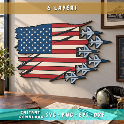 Patriotic Fighter Jets 3D SVG | American Flag Laser Cut File | 6 Layer Military Aircraft SVG | USA Air Force Dxf | Aviation Wall Art 3D Paper HappyDesignStudio 