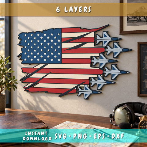 Patriotic Fighter Jets 3D SVG | American Flag Laser Cut File | 6 Layer Military Aircraft SVG | USA Air Force Dxf | Aviation Wall Art 3D Paper HappyDesignStudio 