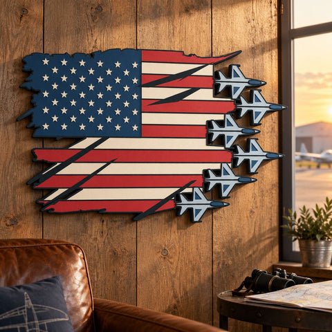 Patriotic Fighter Jets 3D SVG | American Flag Laser Cut File | 6 Layer Military Aircraft SVG | USA Air Force Dxf | Aviation Wall Art 3D Paper HappyDesignStudio 