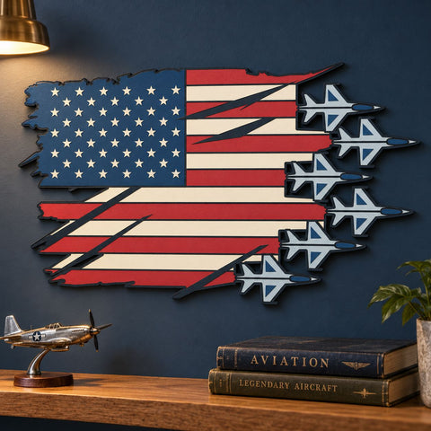 Patriotic Fighter Jets 3D SVG | American Flag Laser Cut File | 6 Layer Military Aircraft SVG | USA Air Force Dxf | Aviation Wall Art 3D Paper HappyDesignStudio 