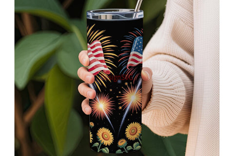 Patriotic Fireworks & Sunflowers Tumbler Sublimation DesignSVG 