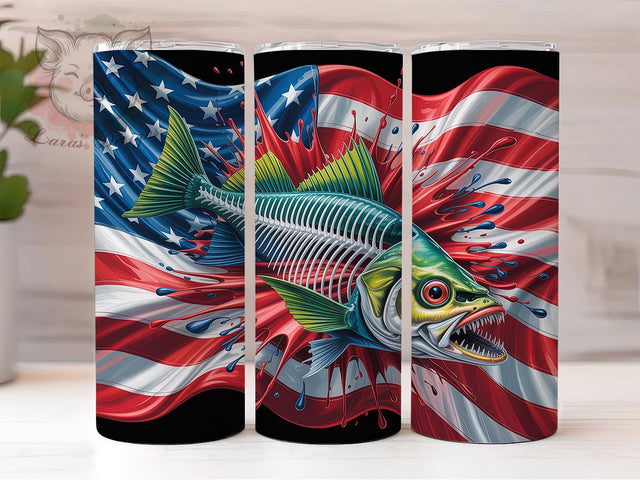 Patriotic Fish Flag Tumbler, Fish Skeleton Design, 20oz Tumbler Wrap, Sublimation Design, Patriotic Fishing Tumbler, Angler Gift Wrap, USA Flag Fisherman Sublimation Lara' s Designs 
