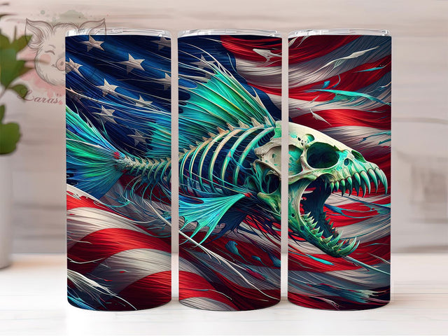 Patriotic Fish Flag Tumbler, Fish Skeleton Design, 20oz Tumbler Wrap, Sublimation Design, Patriotic Fishing Tumbler, Angler Gift Wrap, USA Flag Fisherman Sublimation Lara' s Designs 