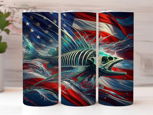 Patriotic Fish Flag Tumbler, Fish Skeleton Design, 20oz Tumbler Wrap, Sublimation Design, Patriotic Fishing Tumbler, Angler Gift Wrap, USA Flag Fisherman Sublimation Lara' s Designs 