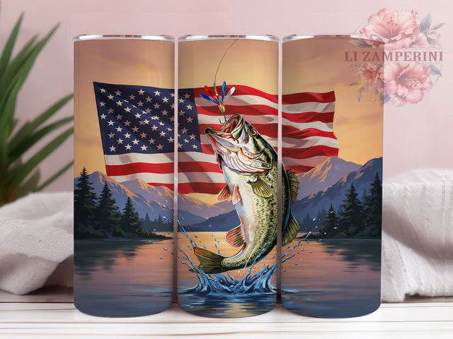 Patriotic Fishing Bass Splash 20oz Tumbler, Bass Fish, Leaping Fish, Splashing Water, American Pride, Skinny Tumbler, Sublimation PNG Sublimation Li Zamperini 