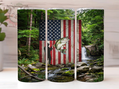 Patriotic Fishing Flag 20oz Tumbler, Rustic Flag, Forest Stream, Wooden Panel, American Stars, Skinny Tumbler, Sublimation PNG Sublimation Lara' s Designs 