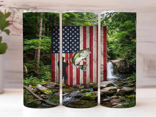 Patriotic Fishing Flag 20oz Tumbler, Rustic Flag, Forest Stream, Wooden Panel, American Stars, Skinny Tumbler, Sublimation PNG Sublimation Lara' s Designs 