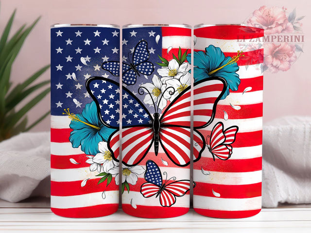 Patriotic Flag Butterfly 20oz Tumbler, Flag Butterfly, Patriotic Design, July 4th, American Pride, Whimsical Charm, Skinny Tumbler, Sublimation PNG Sublimation Li Zamperini 