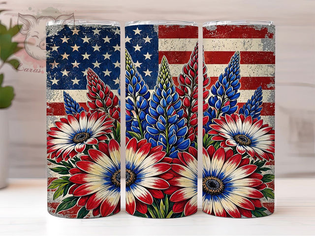 Patriotic Floral 20oz Tumbler, Red White Blue, Star Spangled Blooms, American Garden, Festive Petals, Rustic Pride, Country Charm, Sublimation Wrap Sublimation Lara' s Designs 